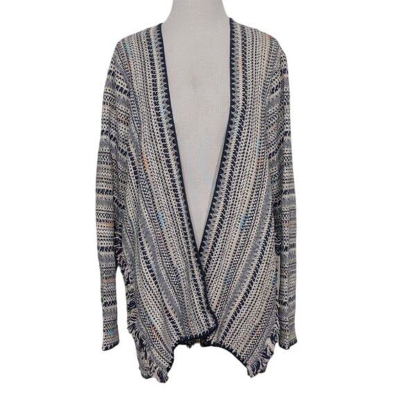 Lucky Brand Stripe Pottery Cardigan Womens Size Large Blue Boho Fringe Jacket - Picture 1 of 9